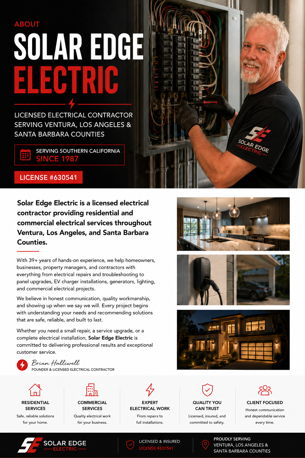 Existing Solar Edge Electric company overview graphic with project-photo collage